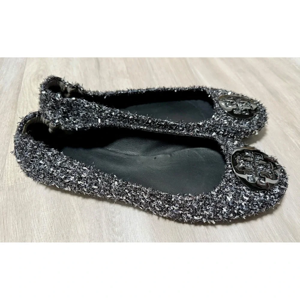 Tory Burch Minnie Travel Ballet Flats Sparkle Tweed Embellished Logo Gray Sz 13
